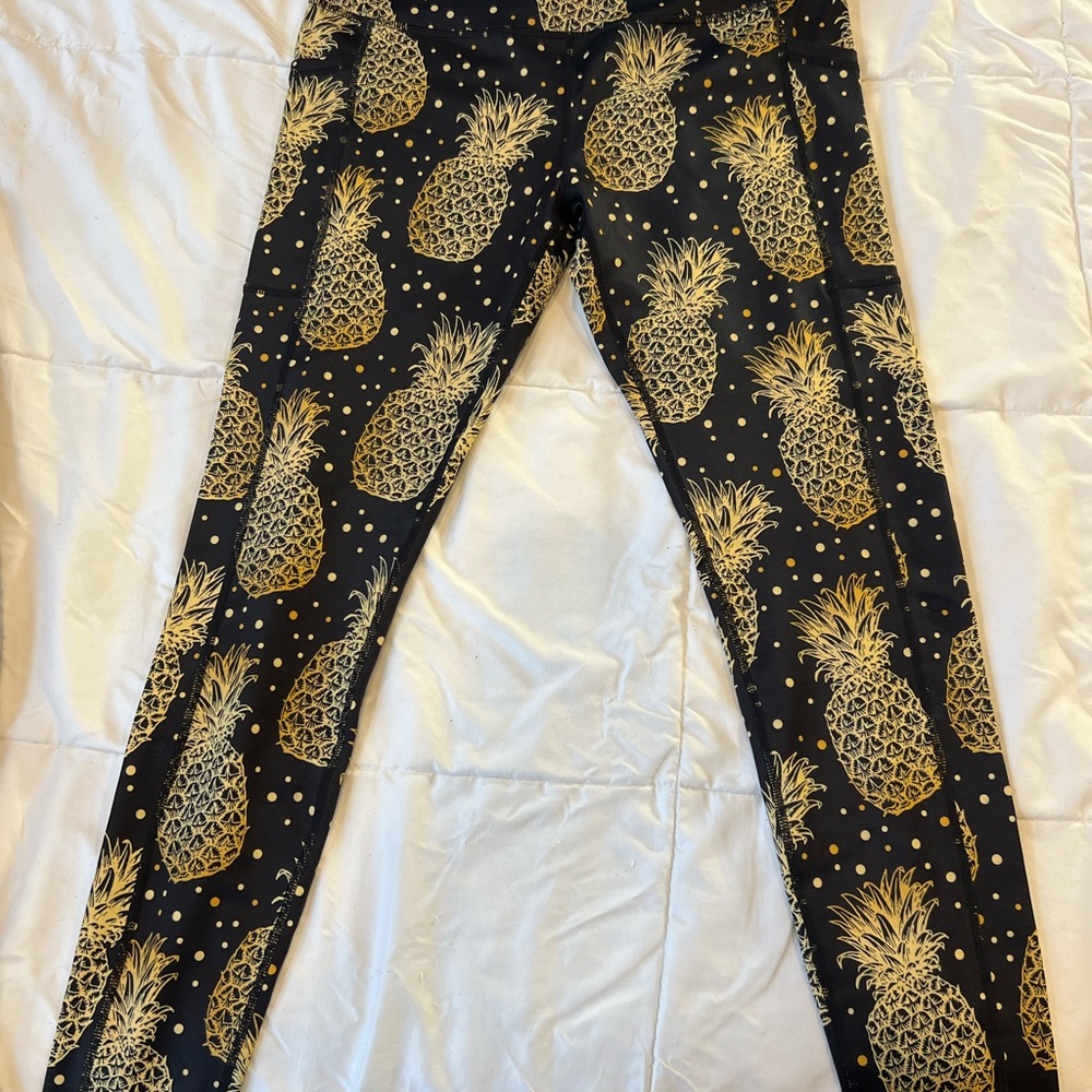Black and Gold Pineapple Print Kids Leggings